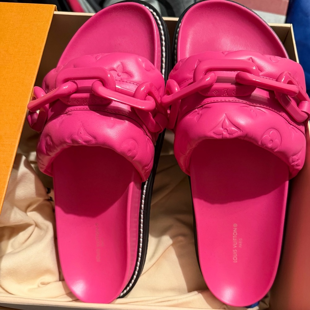 Louis Vuitton Calfskin Embossed Monogram Sunset Flat Comfort Mules